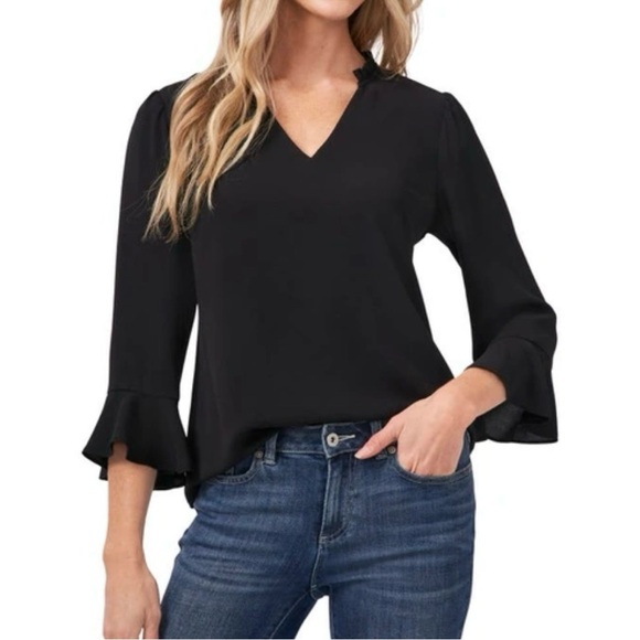 New CeCe Ruffle Cuff 3/4 Sleeve V-Neck Crepe Blouse Rich Black Size XS - Picture 2 of 16